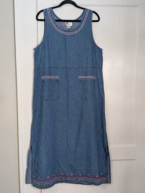 Carolina Bay Vintage Denim Jumper Dress Embroidered Boho Cottagecore Size Large